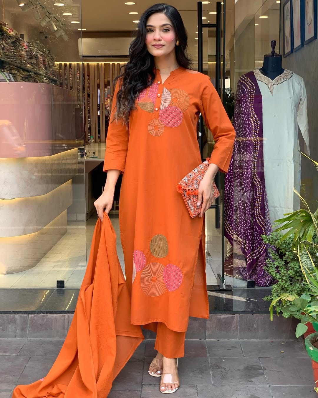 Elegant Mal Cotton Vibrant Front Pleated Kurti Pant With Dupatta Set