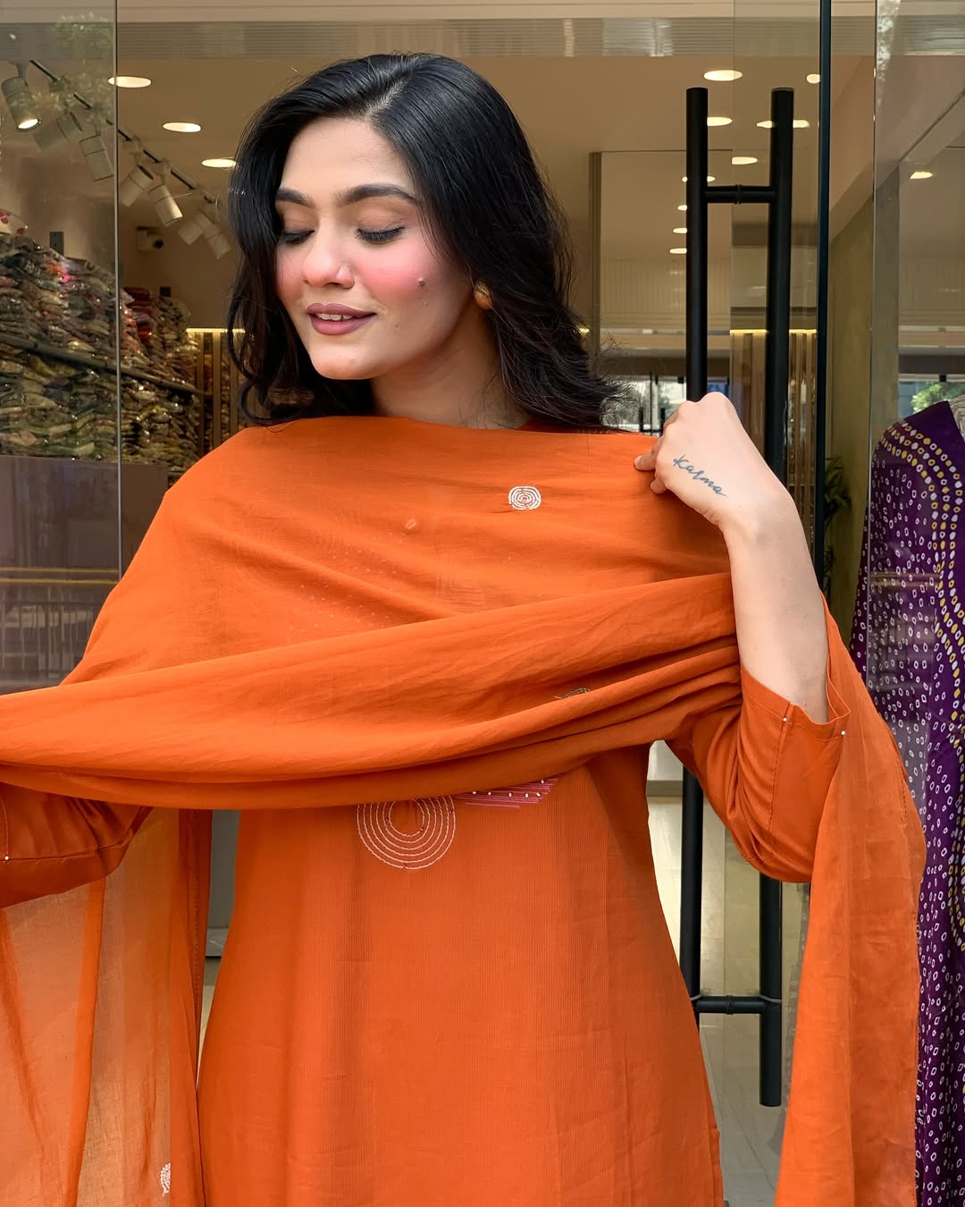 Elegant Mal Cotton Vibrant Front Pleated Kurti Pant With Dupatta Set