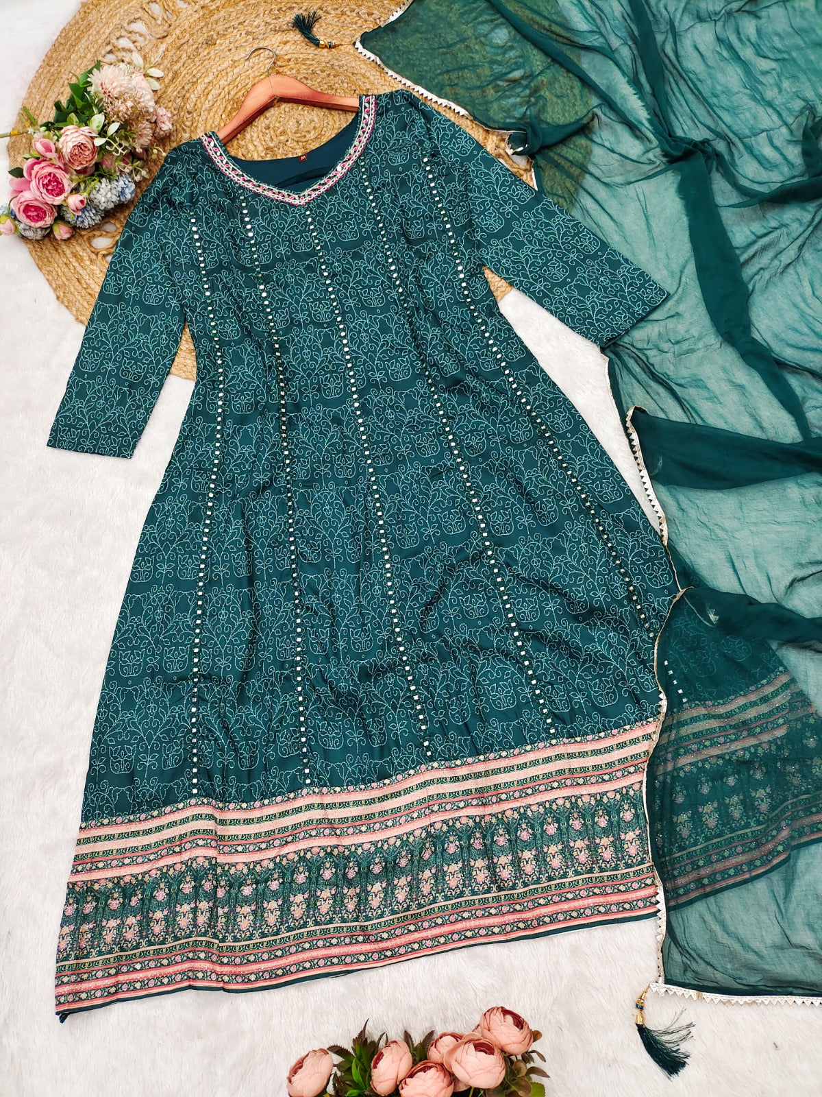 Designer Print Muslin Cotton Detailed Embroidery Kurti With Dupatta Set