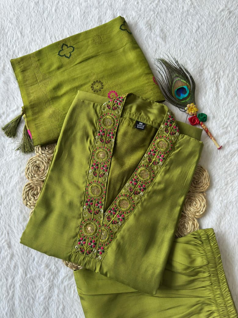 Premium Roman Silk Embroidery & Sequence Work Light Mahendi Kurta Pant With Dupatta Set
