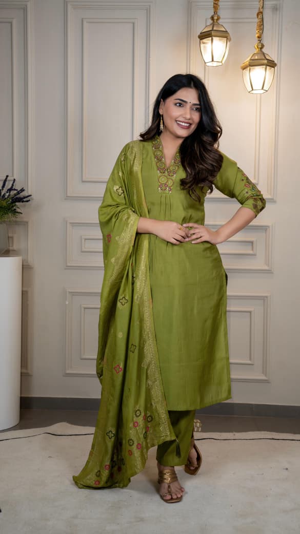Premium Roman Silk Embroidery & Sequence Work Light Mahendi Kurta Pant With Dupatta Set
