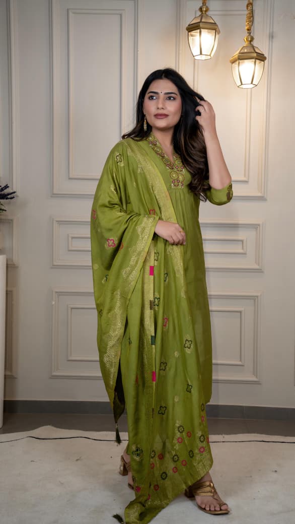 Premium Roman Silk Embroidery & Sequence Work Light Mahendi Kurta Pant With Dupatta Set