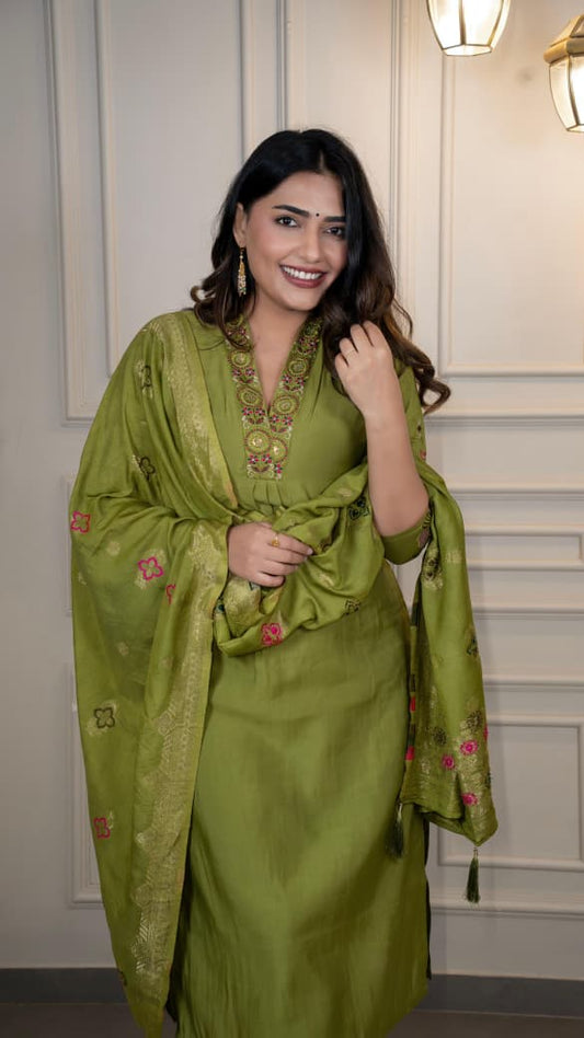 Premium Roman Silk Embroidery & Sequence Work Light Mahendi Kurta Pant With Dupatta Set