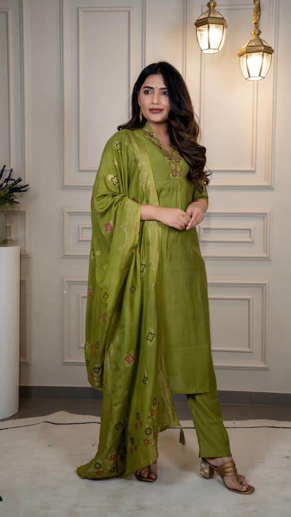 Premium Roman Silk Embroidery & Sequence Work Light Mahendi Kurta Pant With Dupatta Set