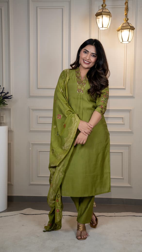 Premium Roman Silk Embroidery & Sequence Work Light Mahendi Kurta Pant With Dupatta Set