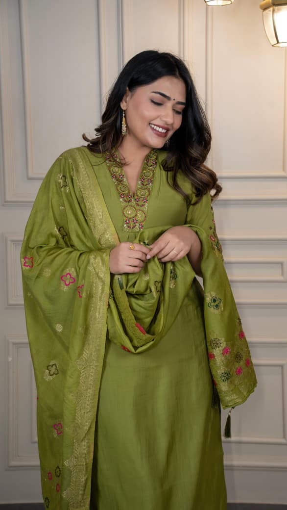 Premium Roman Silk Embroidery & Sequence Work Light Mahendi Kurta Pant With Dupatta Set