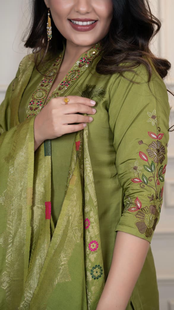 Premium Roman Silk Embroidery & Sequence Work Light Mahendi Kurta Pant With Dupatta Set