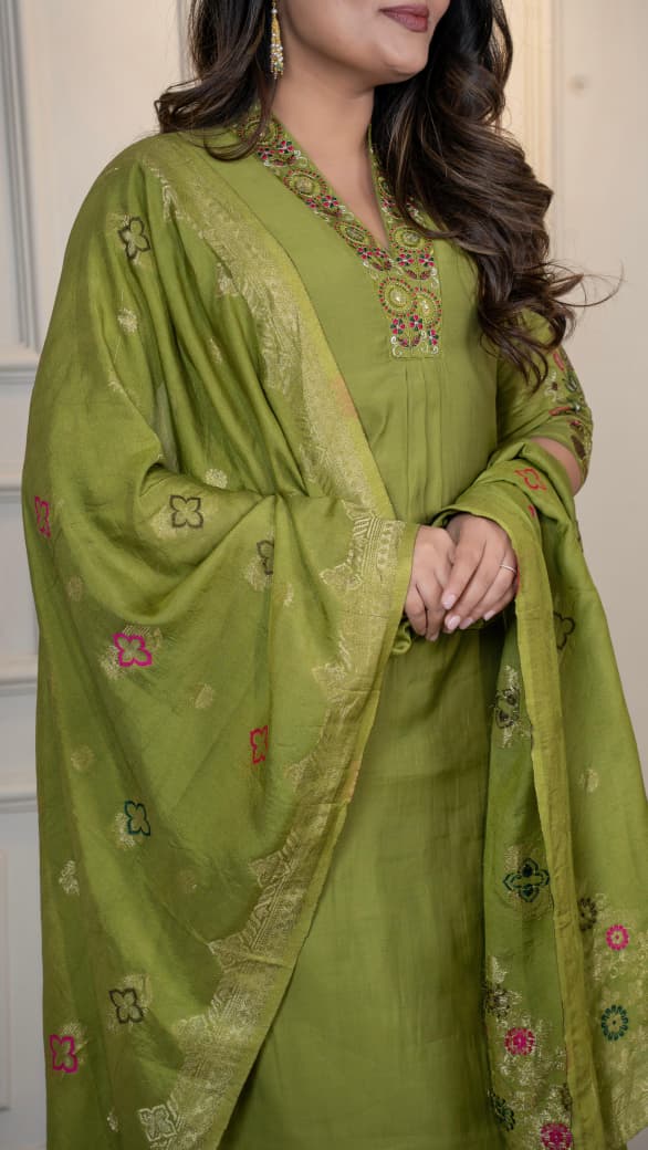Premium Roman Silk Embroidery & Sequence Work Light Mahendi Kurta Pant With Dupatta Set
