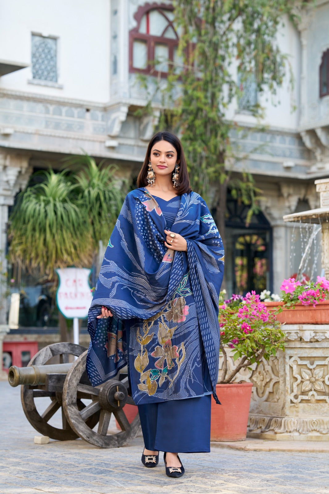 Stunning Roman Silk Floral Print & Handwork Salwar Suit Set