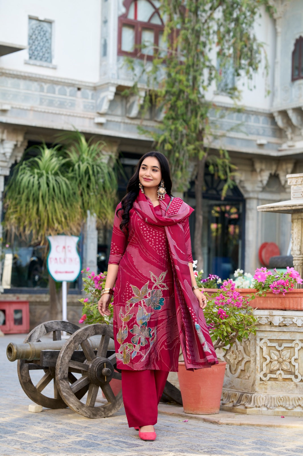 Stunning Roman Silk Floral Print & Handwork Salwar Suit Set