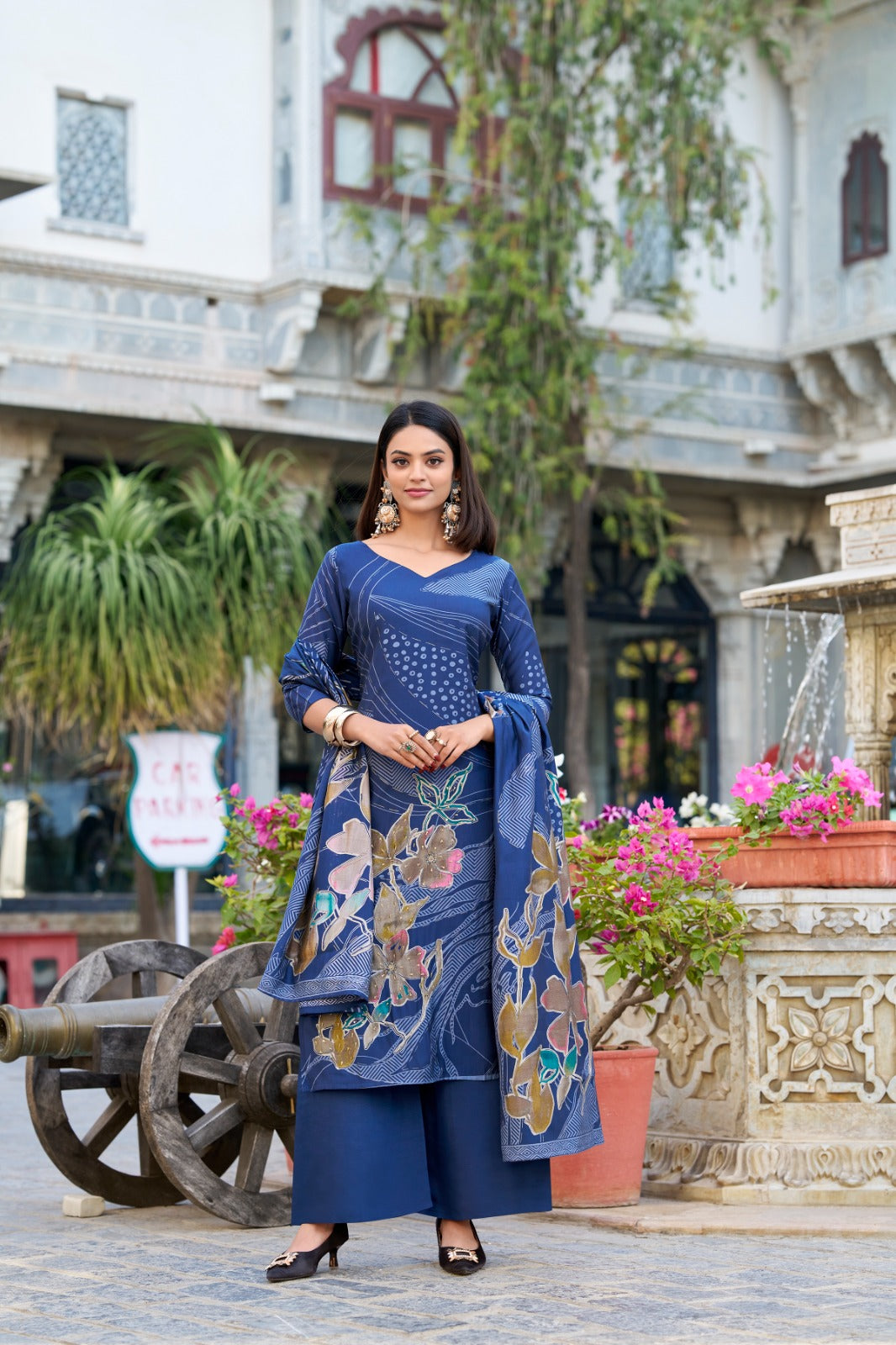 Stunning Roman Silk Floral Print & Handwork Salwar Suit Set