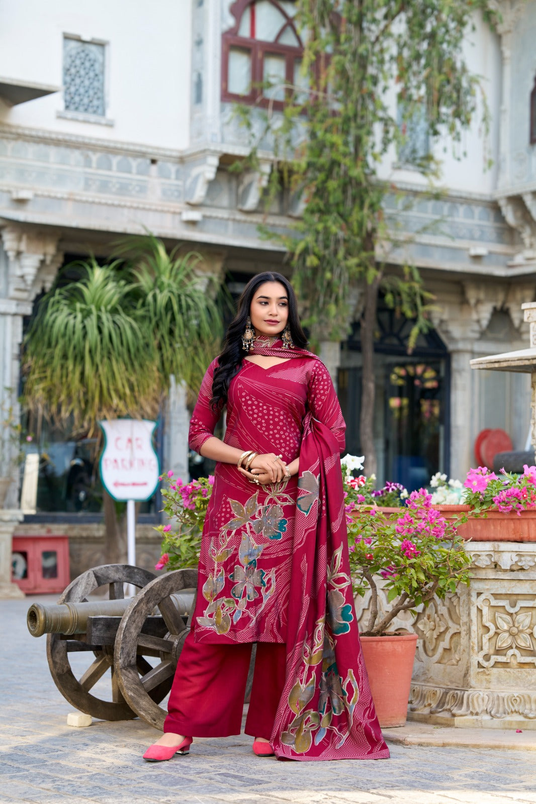 Stunning Roman Silk Floral Print & Handwork Salwar Suit Set