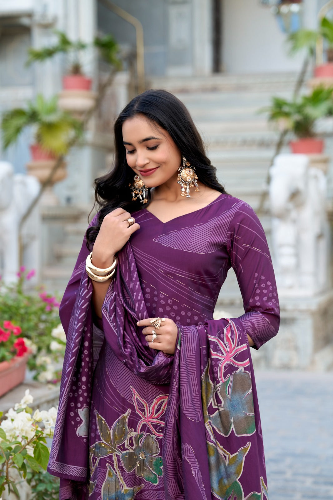 Stunning Roman Silk Floral Print & Handwork Salwar Suit Set