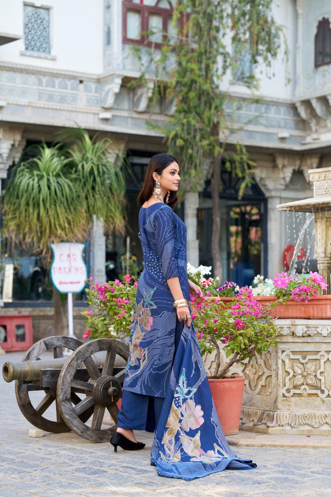 Stunning Roman Silk Floral Print & Handwork Salwar Suit Set