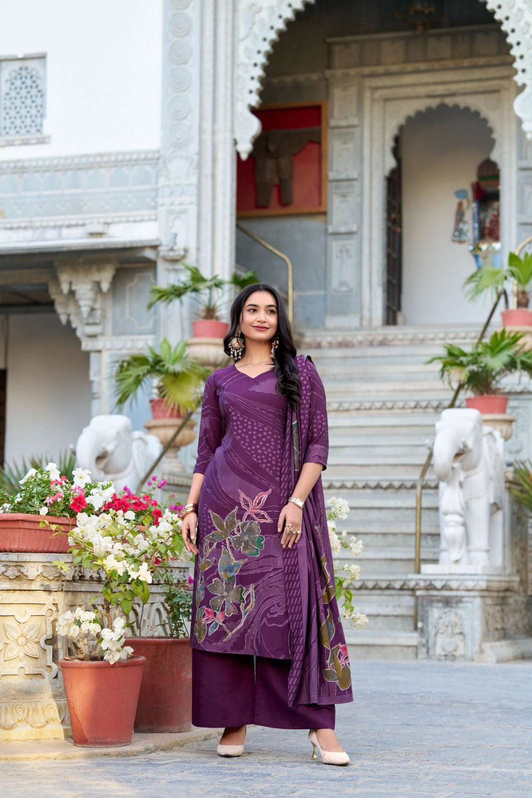 Stunning Roman Silk Floral Print & Handwork Salwar Suit Set