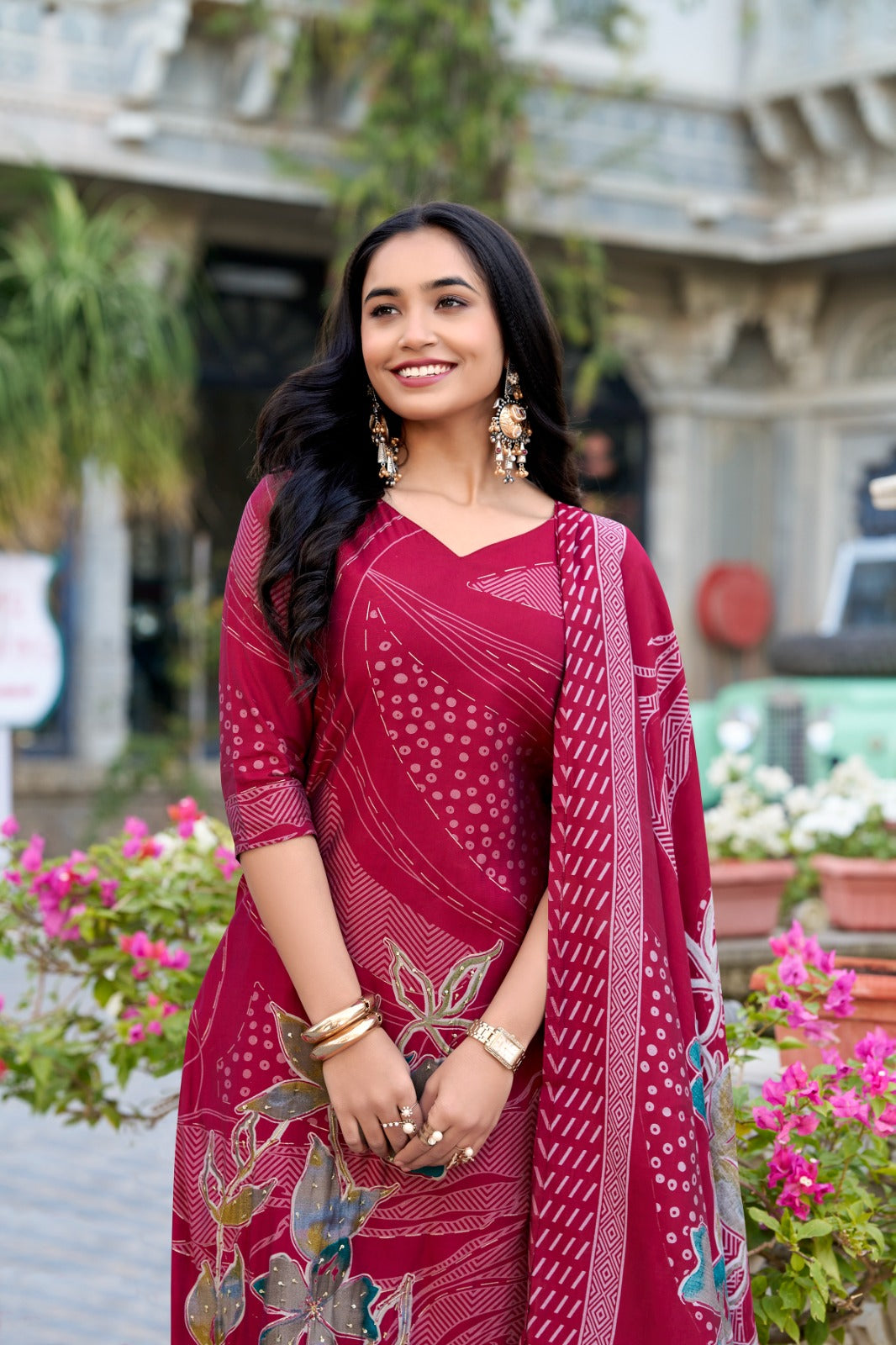 Stunning Roman Silk Floral Print & Handwork Salwar Suit Set