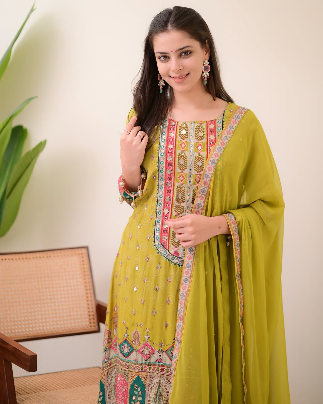 Pure Chinon Silk Pista Anarkali Kodi Work Round Kurti Pant With Dupatta Set