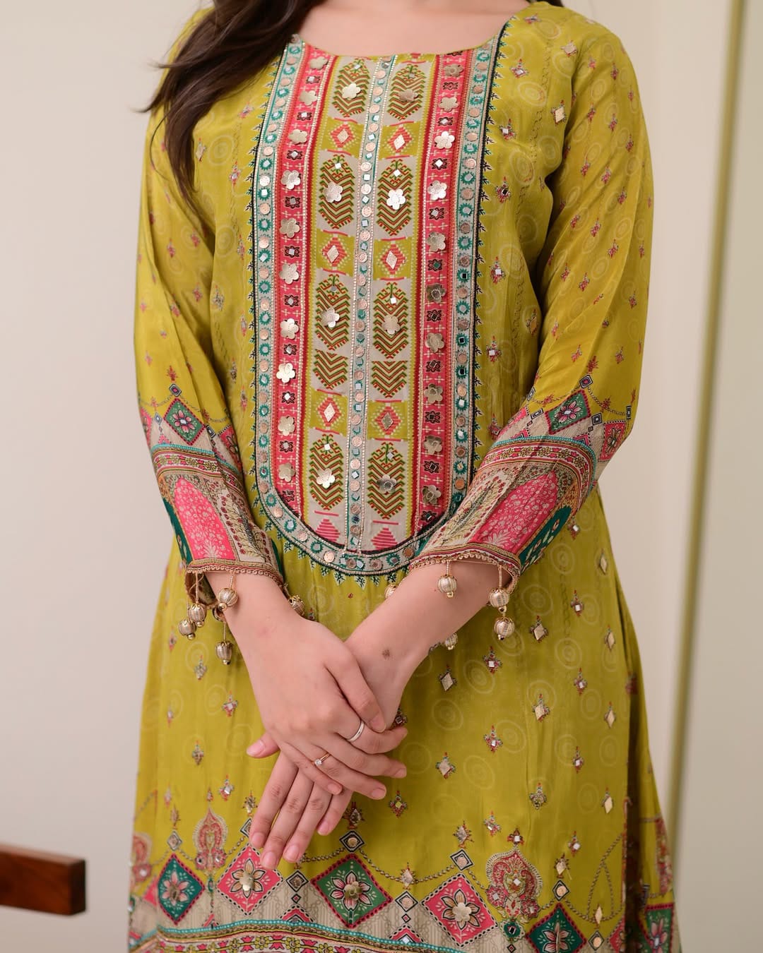 Pure Chinon Silk Pista Anarkali Kodi Work Round Kurti Pant With Dupatta Set