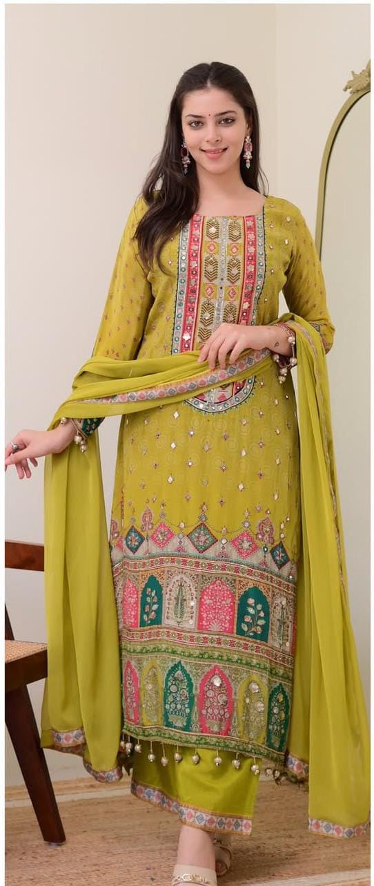 Pure Chinon Silk Pista Anarkali Kodi Work Round Kurti Pant With Dupatta Set