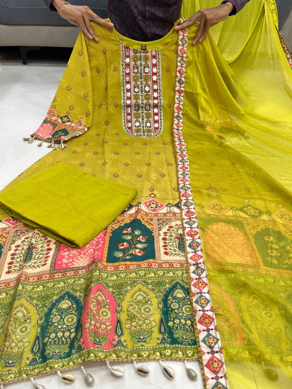 Pure Chinon Silk Pista Anarkali Kodi Work Round Kurti Pant With Dupatta Set
