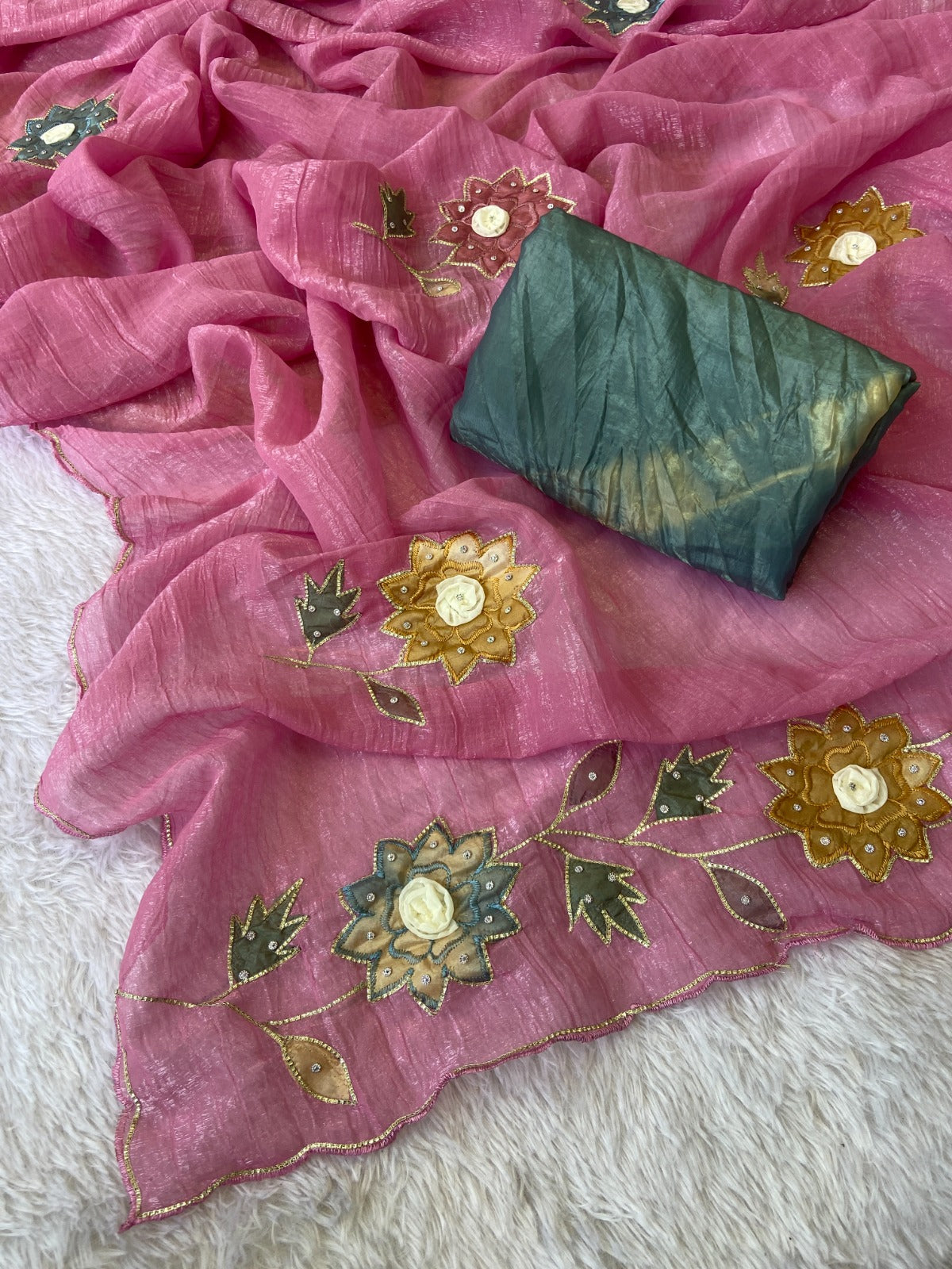 Premium Soft Crunchy Crush Fabric Saree With Heavy Design Handwork