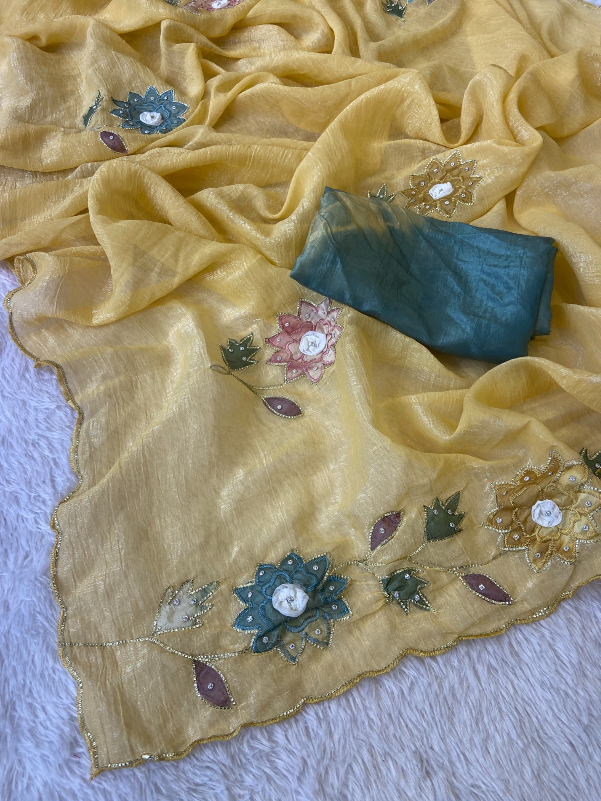 Premium Soft Crunchy Crush Fabric Saree With Heavy Design Handwork