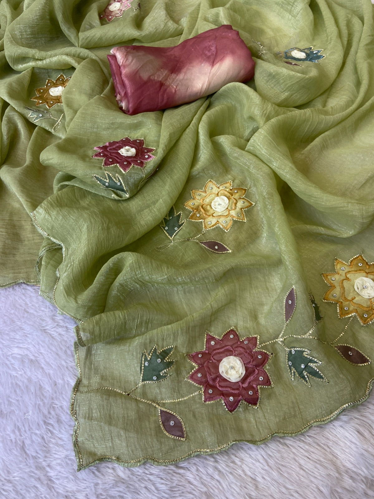 Premium Soft Crunchy Crush Fabric Saree With Heavy Design Handwork