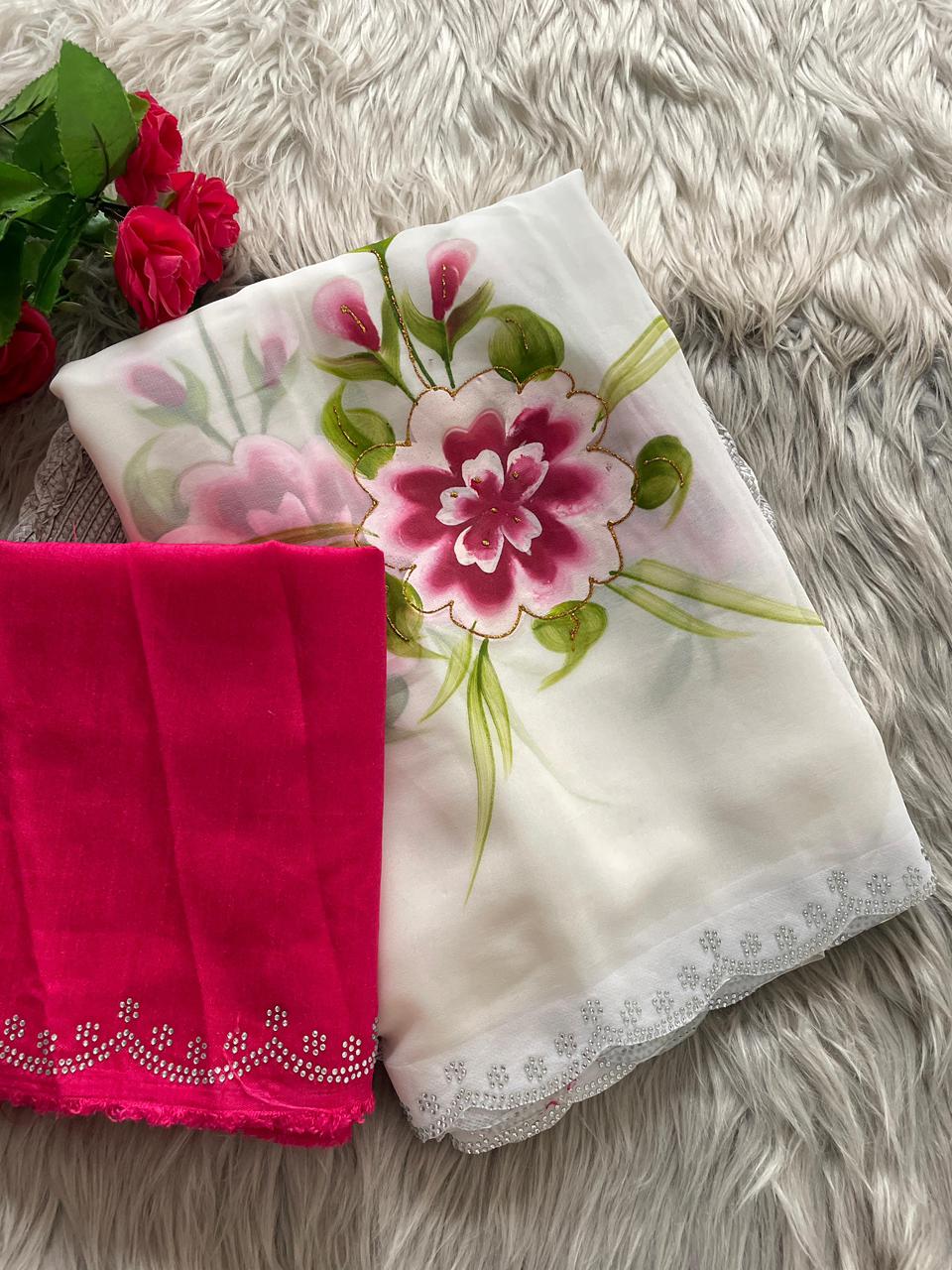 Premium Soft Georgette Saree With Brush Print & Siroski Cutwork Border