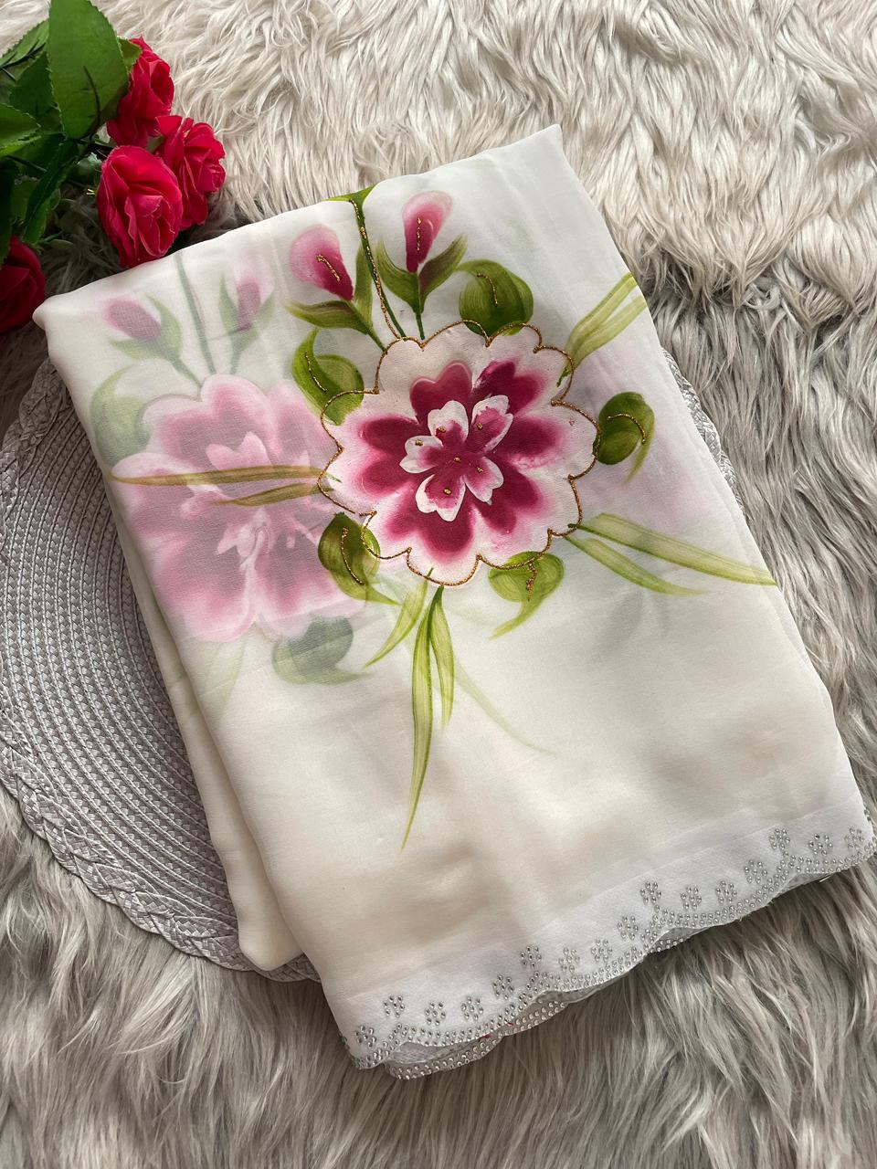 Premium Soft Georgette Saree With Brush Print & Siroski Cutwork Border