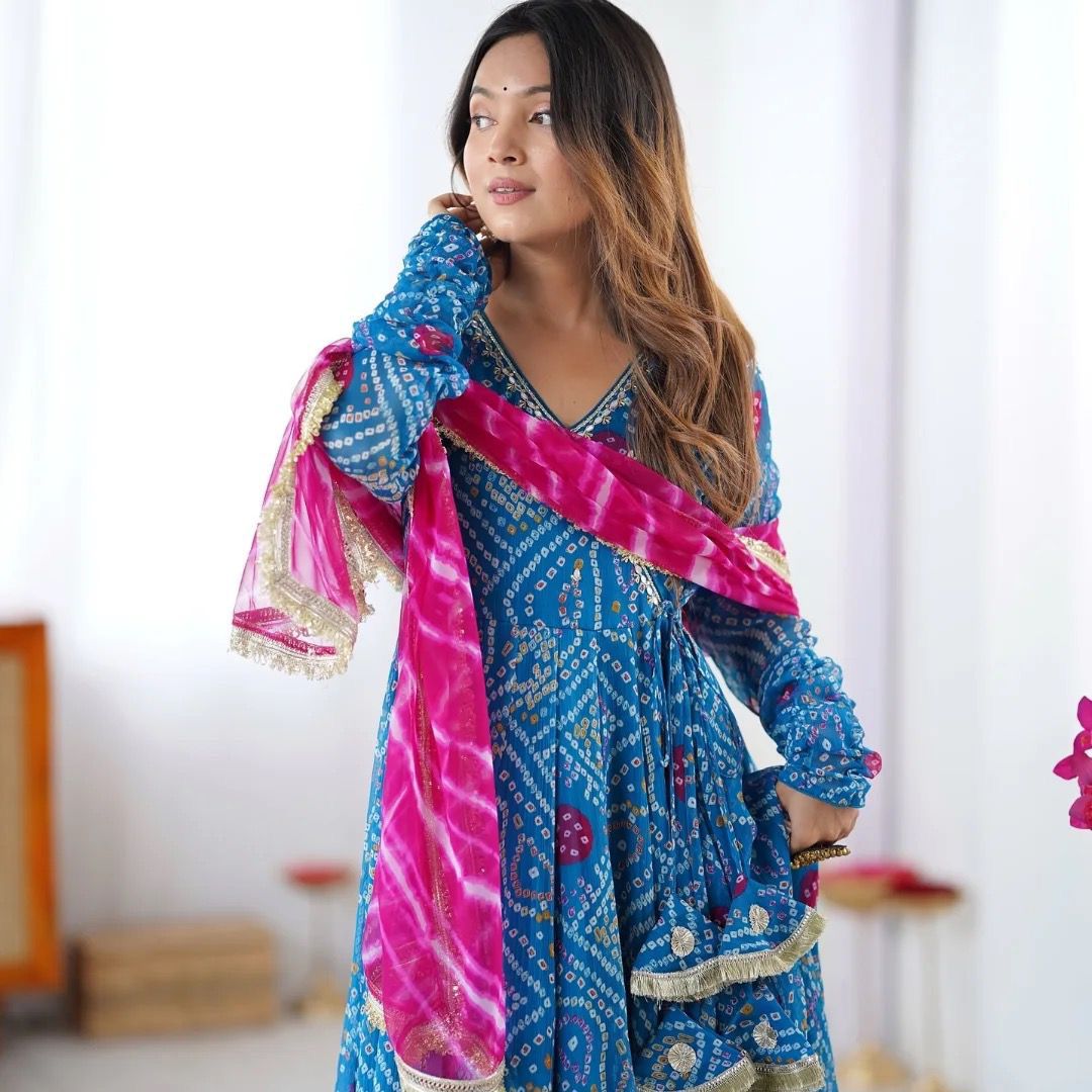 Designer Wear Faux Georgette Bandhani Print Anarkali Gown Pant & Dupatta Set