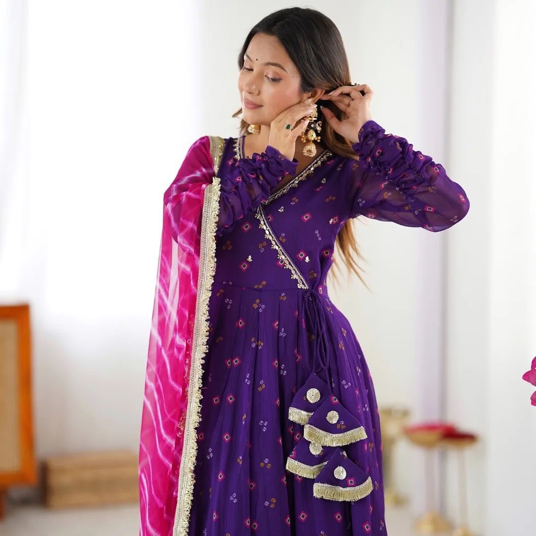 Designer Wear Faux Georgette Bandhani Print Anarkali Gown Pant & Dupatta Set