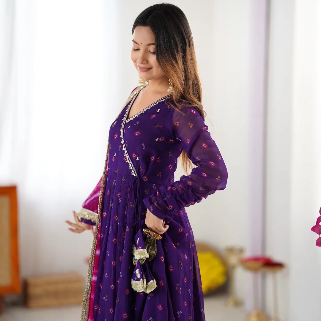 Designer Wear Faux Georgette Bandhani Print Anarkali Gown Pant & Dupatta Set
