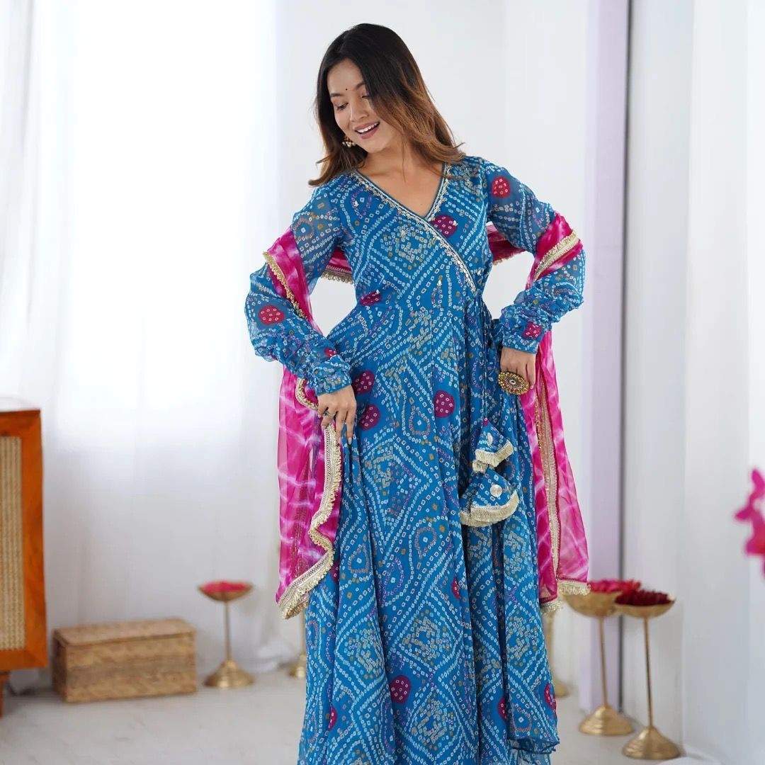 Designer Wear Faux Georgette Bandhani Print Anarkali Gown Pant & Dupatta Set