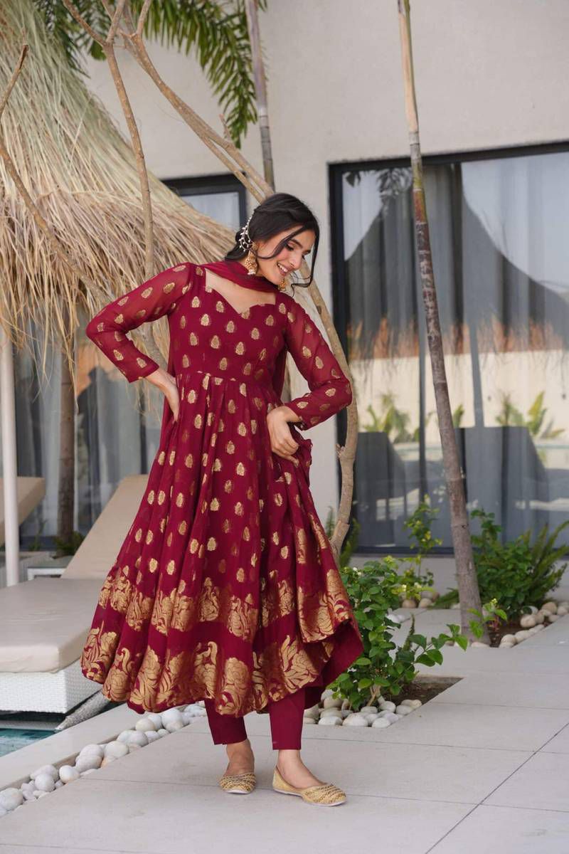 Designer Party & Wedding Wear Jacquard Faux Georgette Anarkali Gown Pant & Dupatta Set
