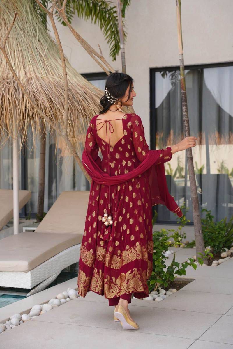 Designer Party & Wedding Wear Jacquard Faux Georgette Anarkali Gown Pant & Dupatta Set