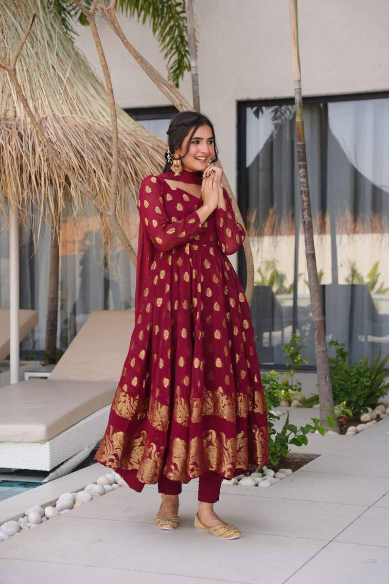 Designer Party & Wedding Wear Jacquard Faux Georgette Anarkali Gown Pant & Dupatta Set