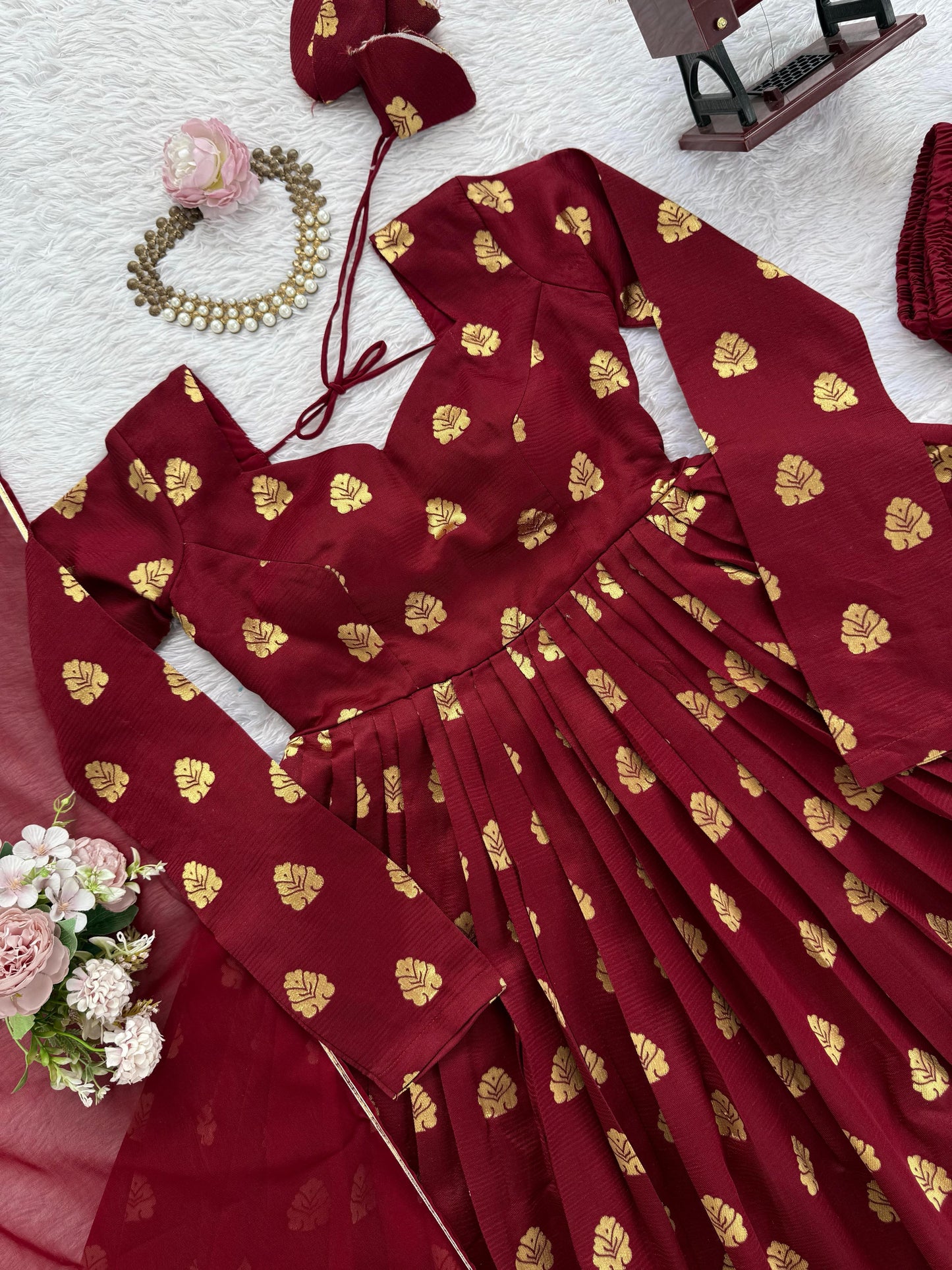 Designer Party & Wedding Wear Jacquard Faux Georgette Anarkali Gown Pant & Dupatta Set