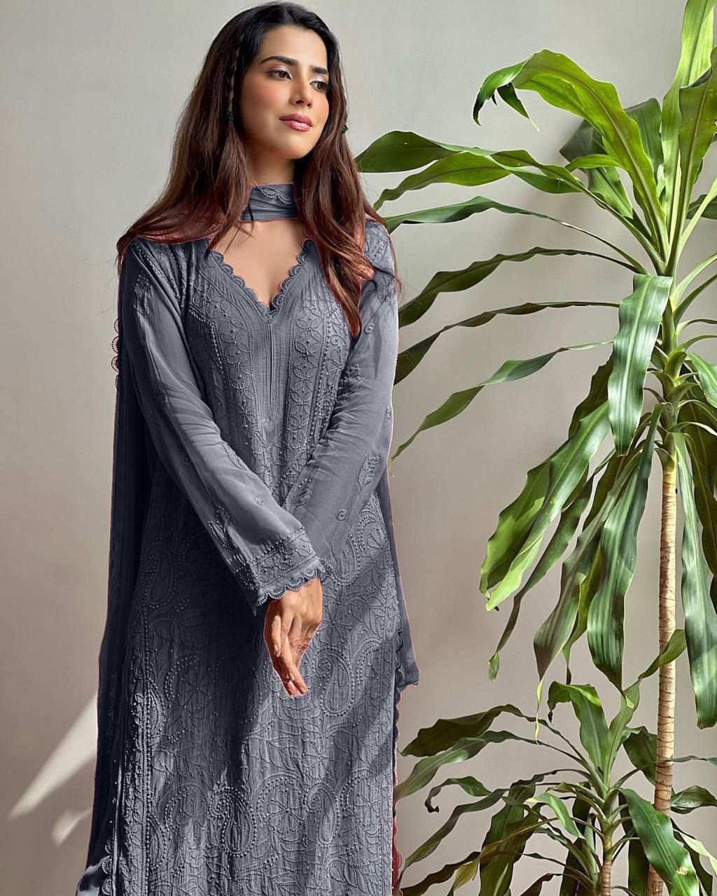 Stylish Faux Georgette Chikankari Embroidery & Lace Work Kurti Pant With Dupatta Set