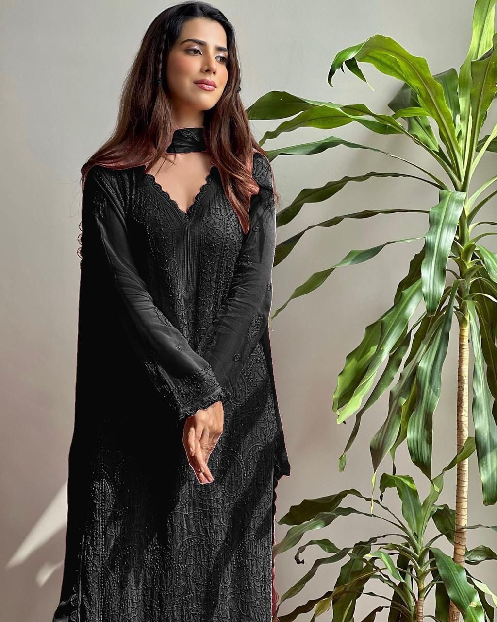 Stylish Faux Georgette Chikankari Embroidery & Lace Work Kurti Pant With Dupatta Set