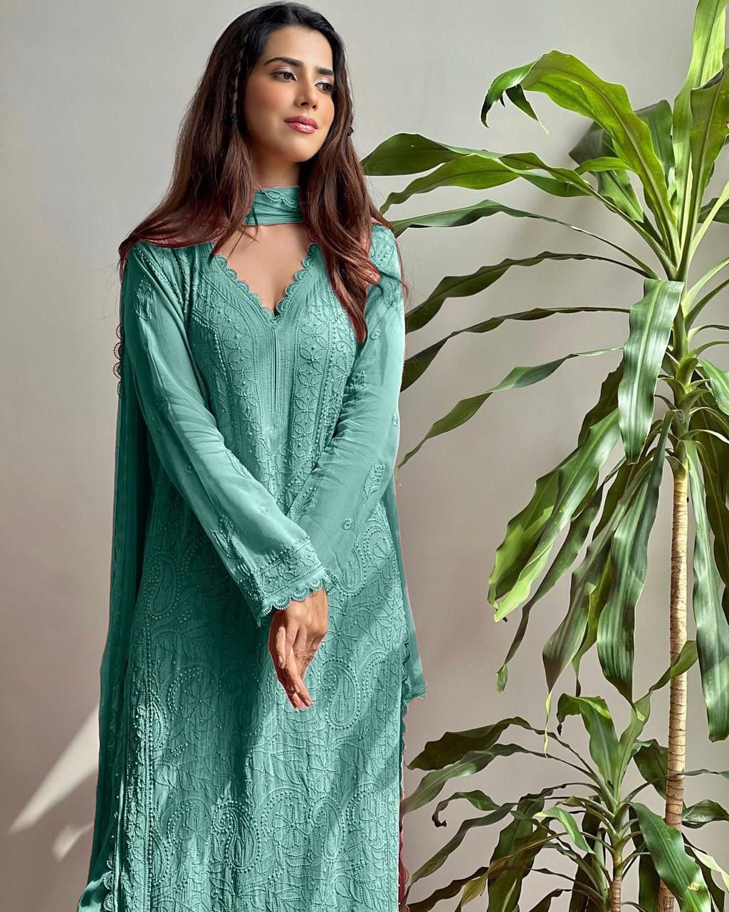 Stylish Faux Georgette Chikankari Embroidery & Lace Work Kurti Pant With Dupatta Set