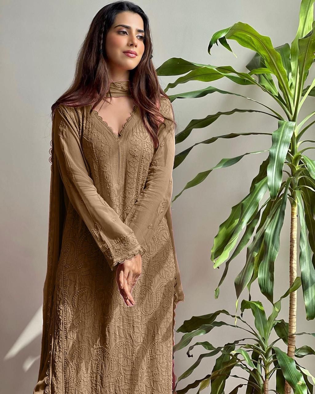 Stylish Faux Georgette Chikankari Embroidery & Lace Work Kurti Pant With Dupatta Set
