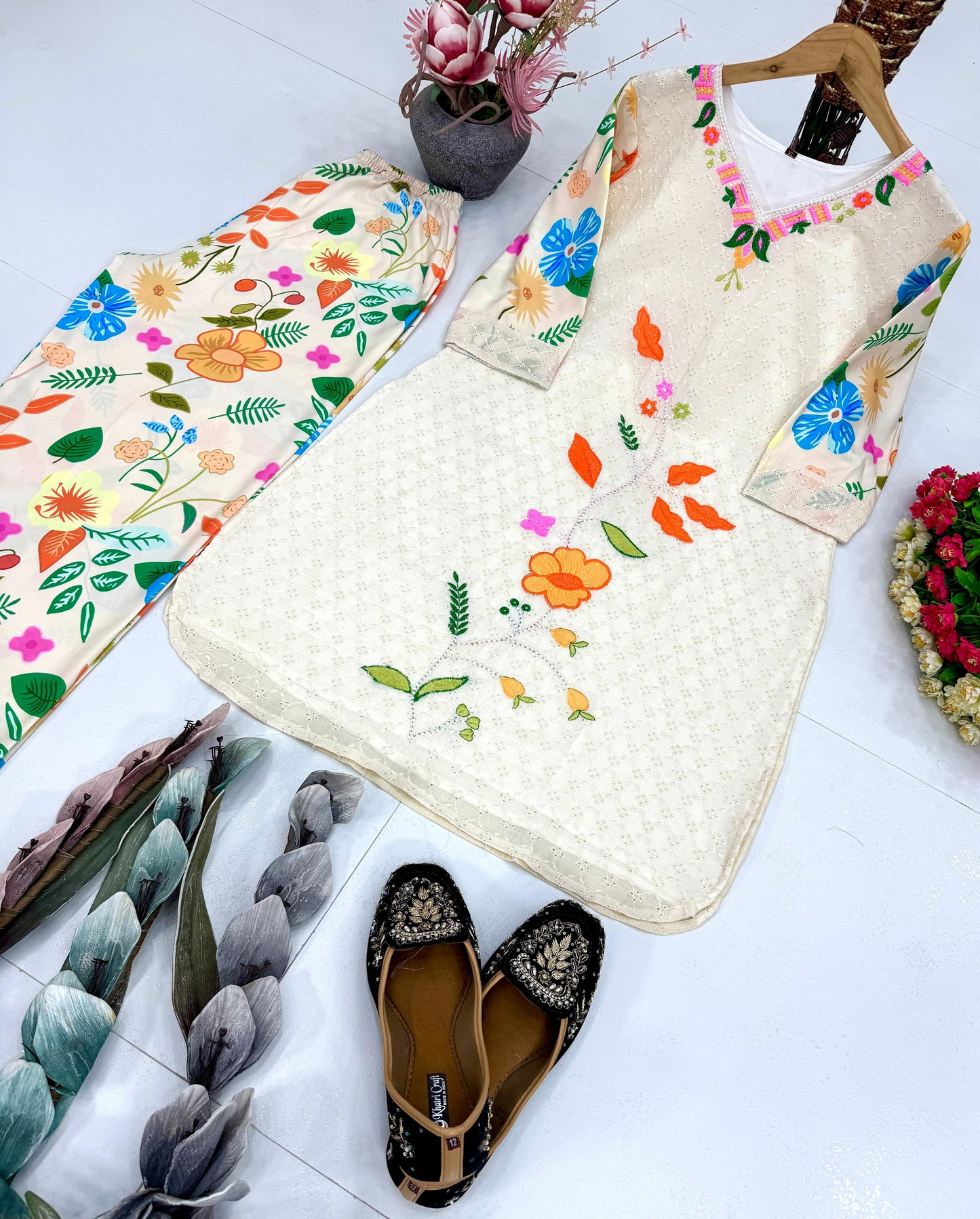 Designer Heavy Pure Cotton Print Shifali Embroidery Work On Top With Bottom