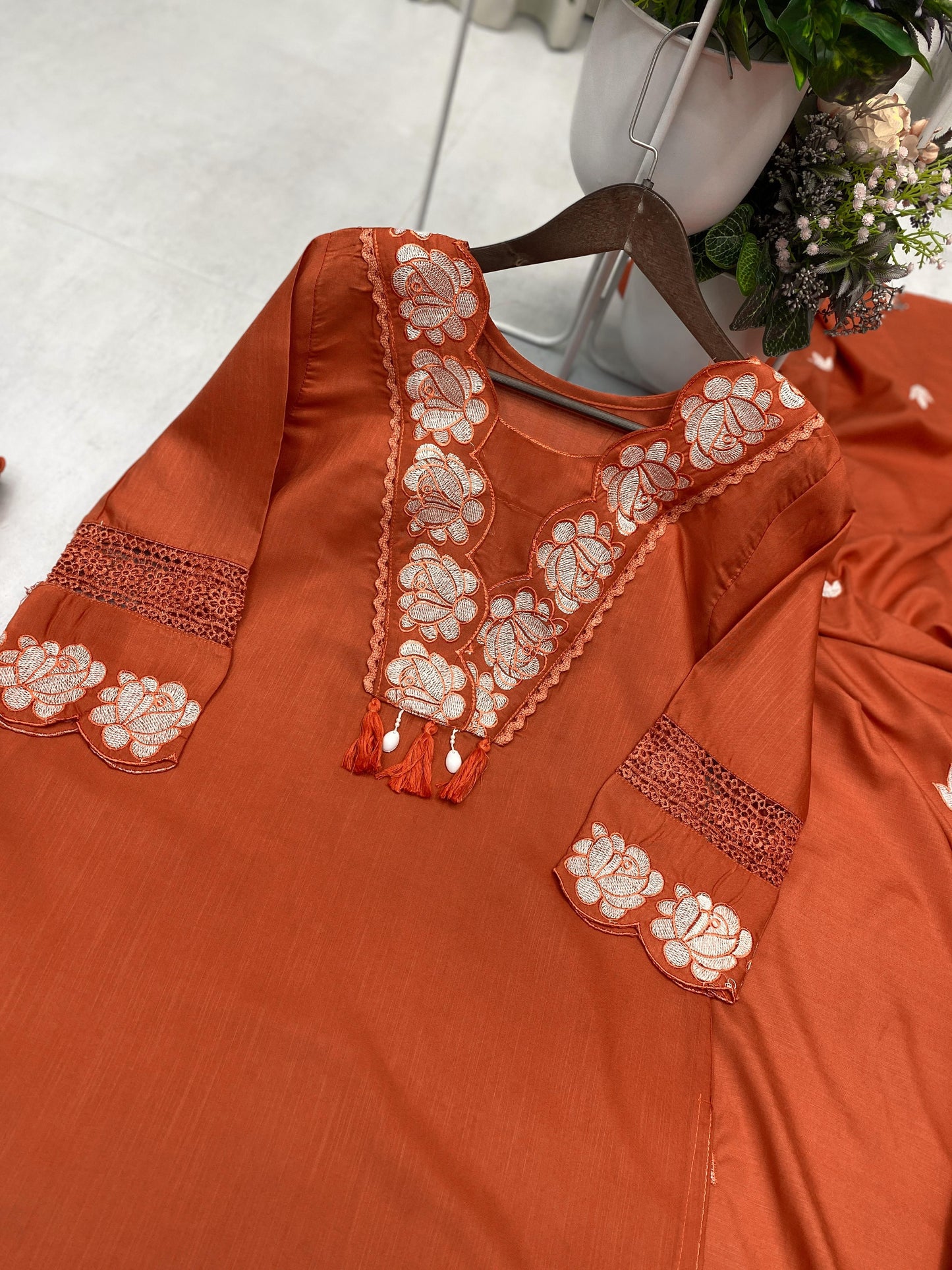 Premium Designer Soft Rayon Slub Embroidery & Lace Work Kurti Pant With Dupatta Set