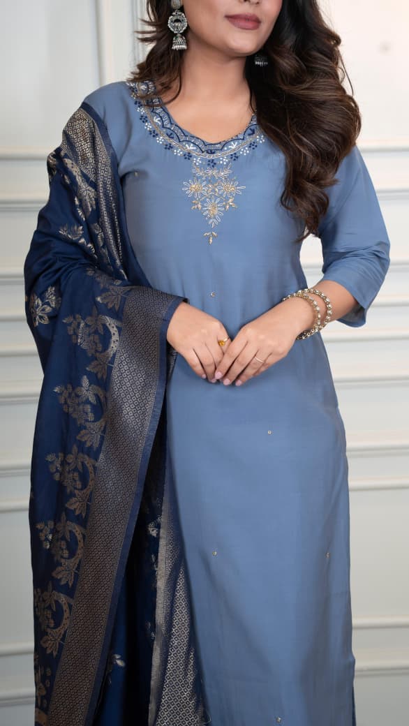 Designer Steel Blue Premium Roman Silk Hand Work Kurti Pant Dupatta Set