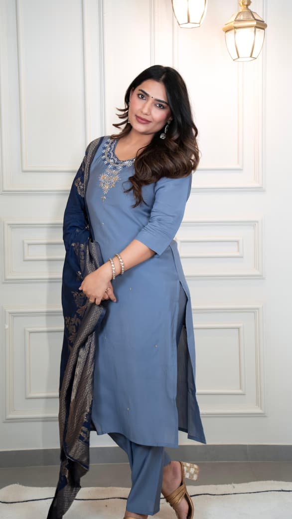 Designer Steel Blue Premium Roman Silk Hand Work Kurti Pant Dupatta Set