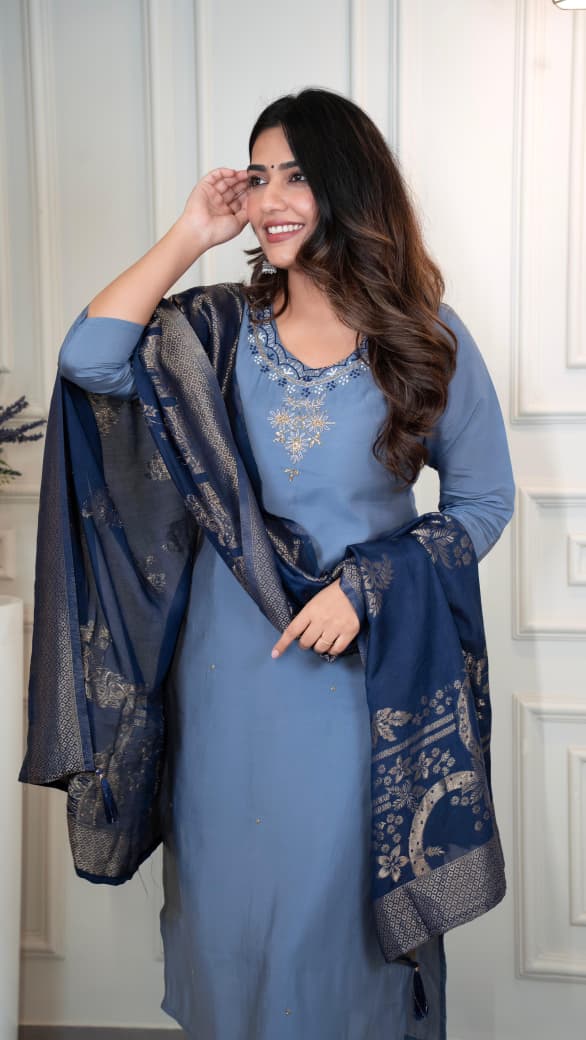Designer Steel Blue Premium Roman Silk Hand Work Kurti Pant Dupatta Set