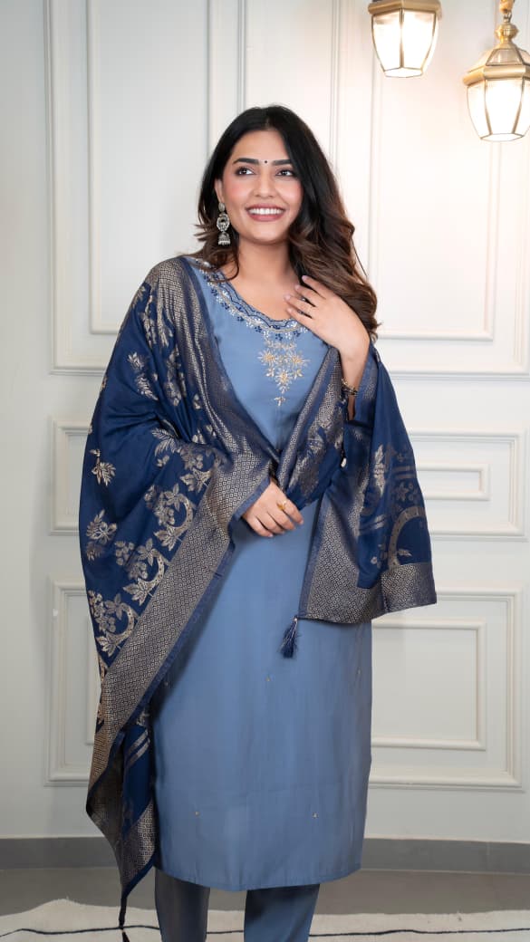 Designer Steel Blue Premium Roman Silk Hand Work Kurti Pant Dupatta Set