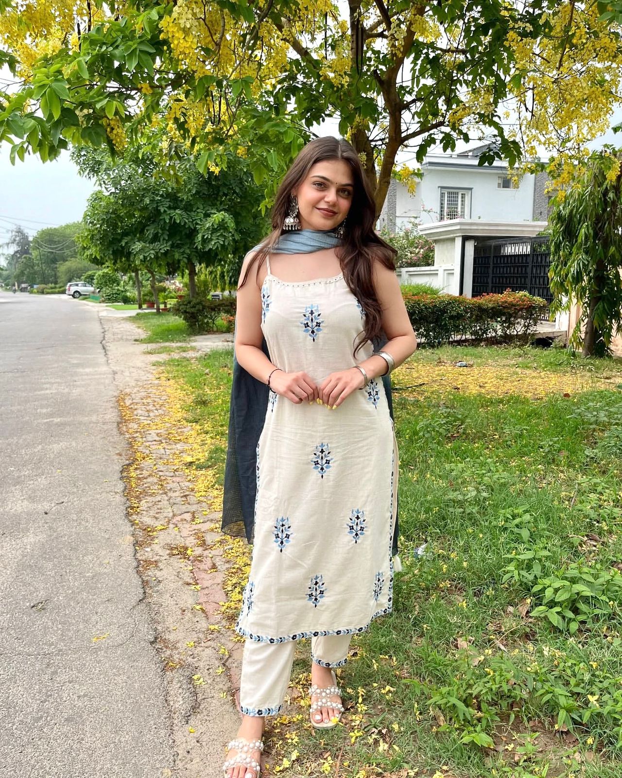 Pure Kora Khadi Cotton Spaghetti Top & Pant With Dupatta