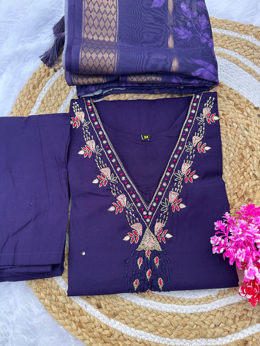 Premium Roman Silk Handwork Kurti Pant Dupatta Set
