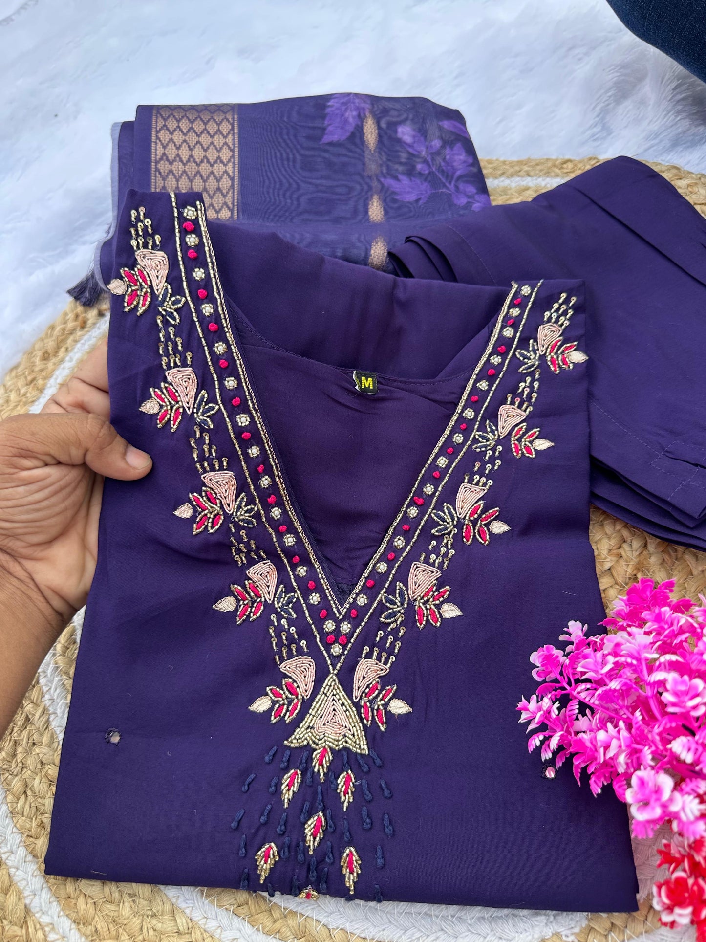 Premium Roman Silk Handwork Kurti Pant Dupatta Set